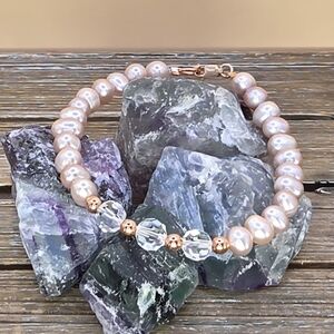 Pink Pearl, Crystal and Rose Gold Beaded Bracelet